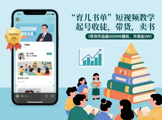 育儿书单短视频教学,起号收徒,带货,卖书(带货作品破2000W播放,月佣金2W)-小辉云网创