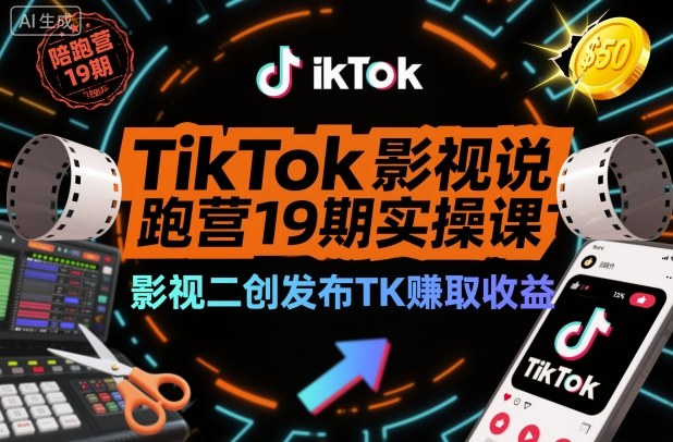 TikTok影视解说陪跑营19期实操课,影视二创发布TK賺取收益,万播收益50美金(更新)-小辉云网创