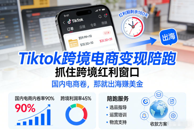Tiktok跨境电商变现陪跑，抓住跨境红利窗口，国内电商卷，那就出海賺美金-小辉云网创