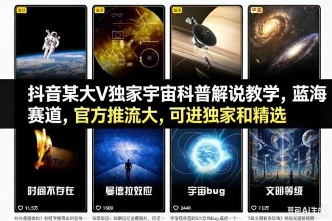 抖音某大V独家宇宙科普解说教学，蓝海赛道，官方推流大，可进独家和精选-小辉云网创