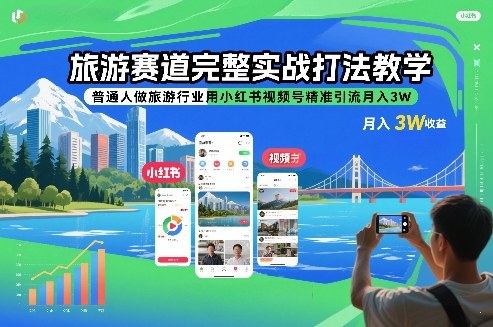 旅游赛道完整实战打法教学，普通人做旅游行业用小红书视频号精准引流月入3W-小辉云网创