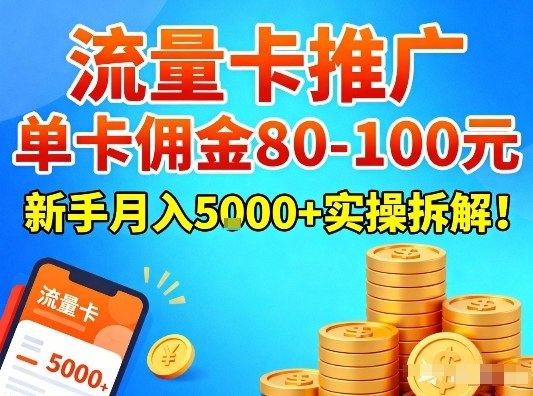 流量卡推广，单卡佣金80-100，新手月入5k+实操拆解！-小辉云网创