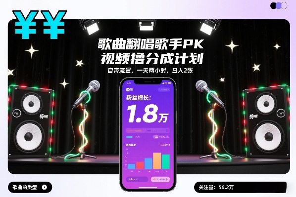 歌曲翻唱歌手PK视频撸分成计划，自带流量，一天两小时，日入2张-小辉云网创