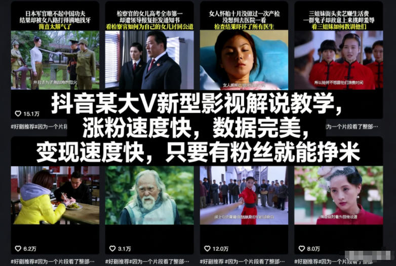 抖音某大V新型影视解说教学，涨粉速度快，数据完美，变现速度快，只要有粉丝就能挣米-小辉云网创
