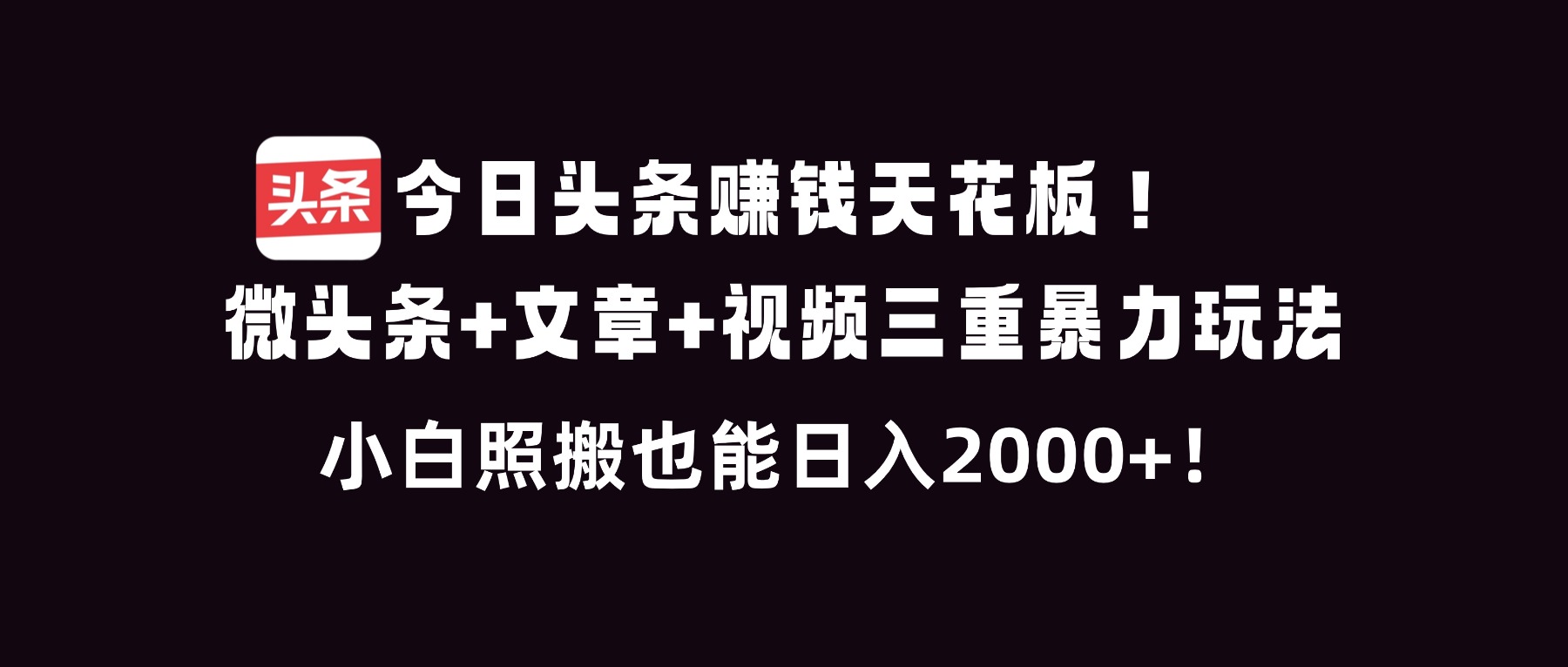 今日头条赚钱天花板!微头条+文章+视频三重暴利玩法,小白照搬也能日人2000+-小辉云网创