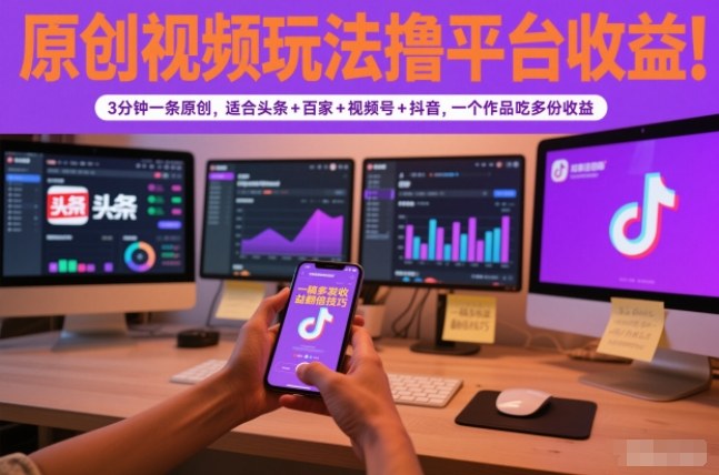 原创视频玩法撸平台收益，3分钟一条原创，适合头条+百家+视频号+抖音，一个作品吃多份收益-小辉云网创