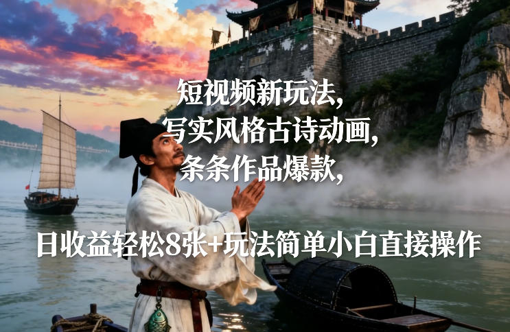 短视频新玩法，写实风格古诗动画，条条作品爆款，日收益轻松8张+玩法简单小白直接操作-小辉云网创