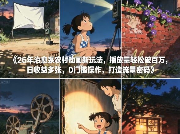 26年治愈系农村动画新玩法，播放量轻松破百万，日收益多张，0门槛操作，打造流量密码-小辉云网创